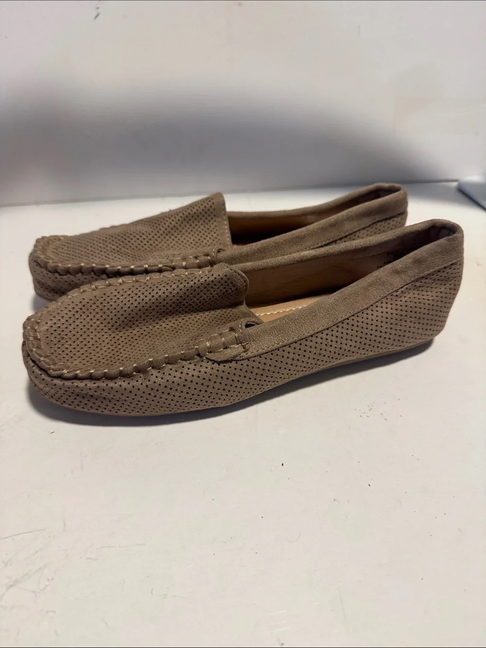 Taupe Suede Perforated Slip-On Loafers